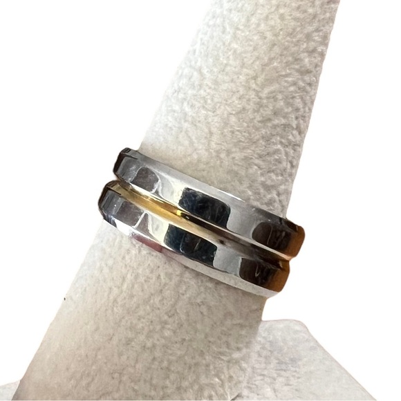 Silver Stainless Steel & Gold Tone Groove Wide Band Ring - Picture 4 of 10